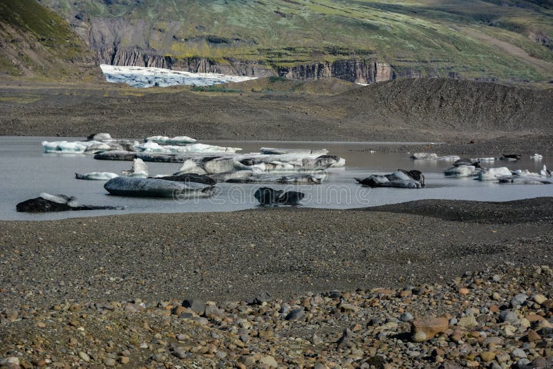 Den Skaftafellsjokull glaciären med vaggar och is i floden, i Skafta royaltyfri foto Den Skaftafellsjokull glaciären med vaggar och is i floden, i Skafta royaltyfri foto