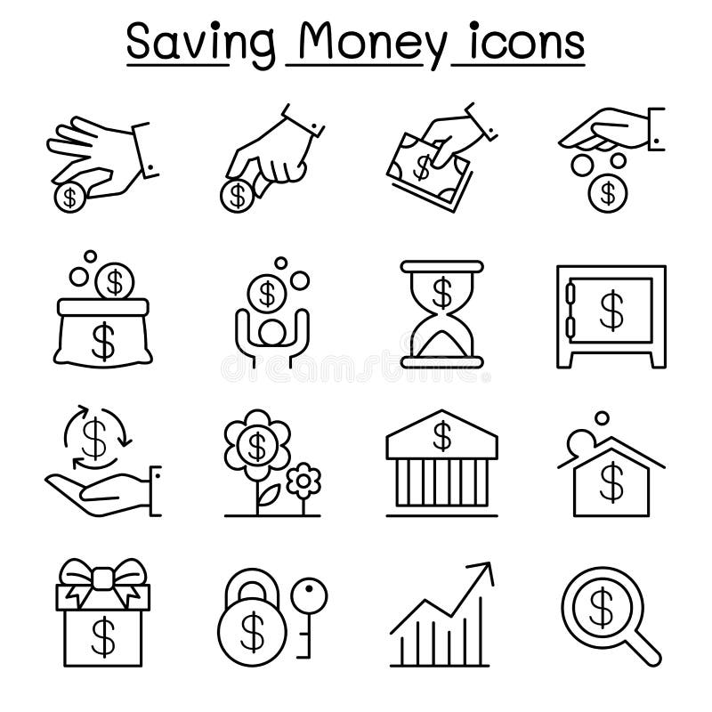 Den sparande pengar & investeringsymbolen ställde in i den tunna linjen stil stock illustrationer