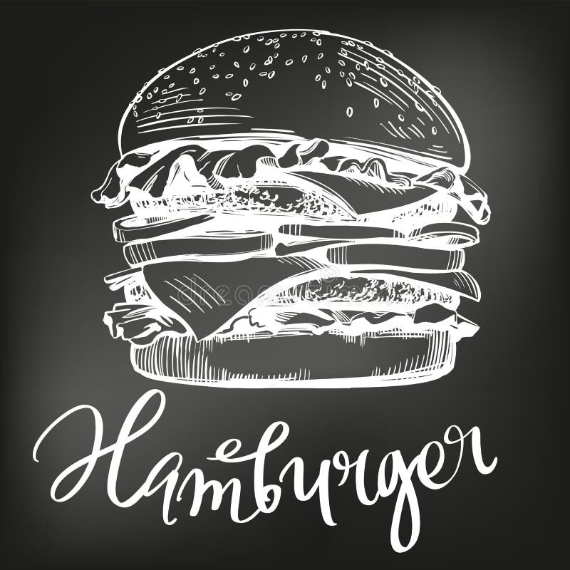 Den stora hamburgaren, dragen vektorillustration för hamburgare handen skissar kritameny retro stil
