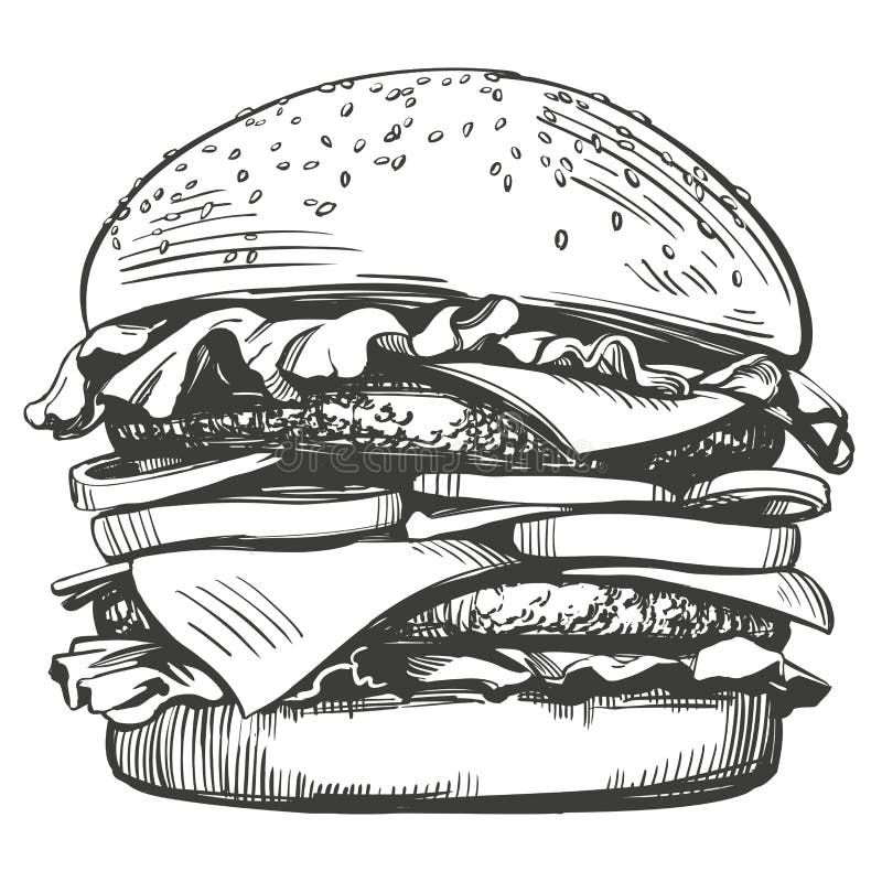 Den stora hamburgaren, dragen vektorillustration för hamburgare handen skissar retro stil