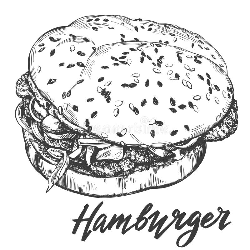 Den stora hamburgaren, dragen vektorillustration för hamburgare handen skissar retro stil