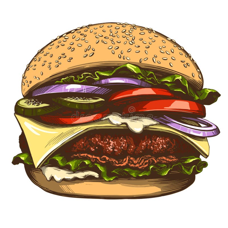 Den stora hamburgaren, illustrationen för vektorn för hamburgarehanden den realistiska utdragna skissar färg