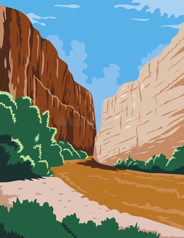 Den stora nationalparken rio grande rio bravo in chihuahuan ökentexas wpa affisch art color stock illustrationer Den stora nationalparken rio grande rio bravo in chihuahuan ökentexas wpa affisch art color stock illustrationer