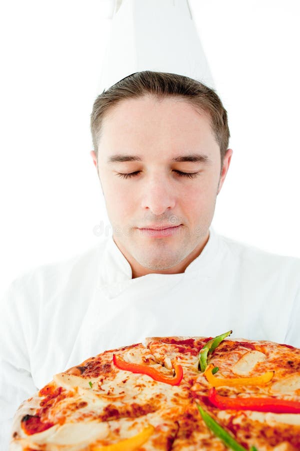 Den stängda kocken eyes lukta barn för male pizza