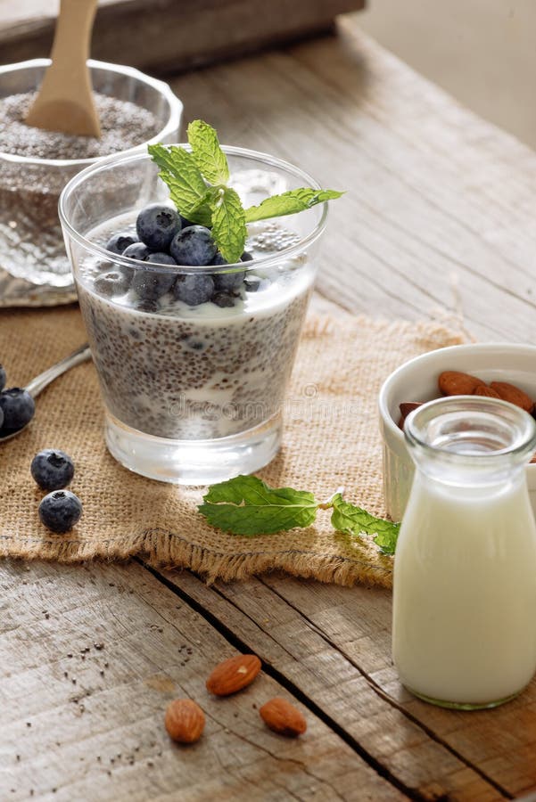 Den sunda frukosten eller morgonmellanm?let med chiafr? pudding och b?r p? tr?lantlig bakgrund, vegetarisk mat, bantar och royaltyfri fotografi Den sunda frukosten eller morgonmellanm?let med chiafr? pudding och b?r p? tr?lantlig bakgrund, vegetarisk mat, bantar och royaltyfri fotografi