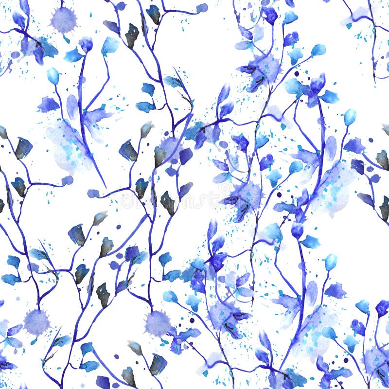 Den sömlösa blom- modellen med blommor för vattenfärghand-attraktion blått på filialerna med blåttsidor målade med fläckar royaltyfri illustrationer