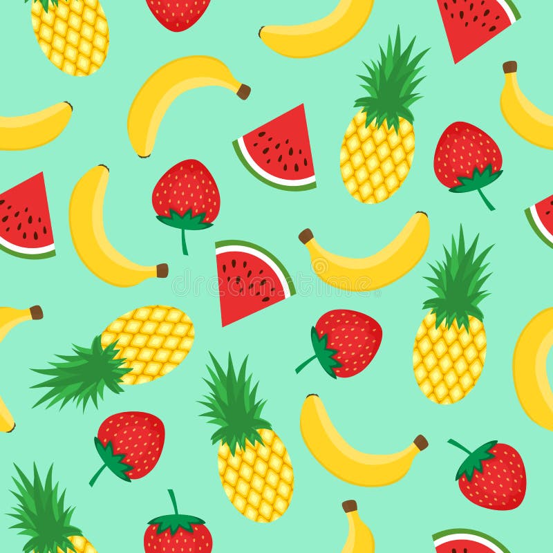Den sömlösa modellen med gula bananer, ananors, vattenmelon och jordgubbar på mintkaramellen gör grön bakgrund Sommarfruktblandni stock illustrationer Den sömlösa modellen med gula bananer, ananors, vattenmelon och jordgubbar på mintkaramellen gör grön bakgrund Sommarfruktblandni stock illustrationer