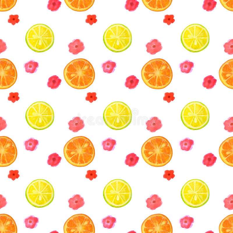 Den sömlösa modellen med vattenfärgen blommar och skivor av citronen och apelsinen royaltyfri illustrationer Den sömlösa modellen med vattenfärgen blommar och skivor av citronen och apelsinen royaltyfri illustrationer