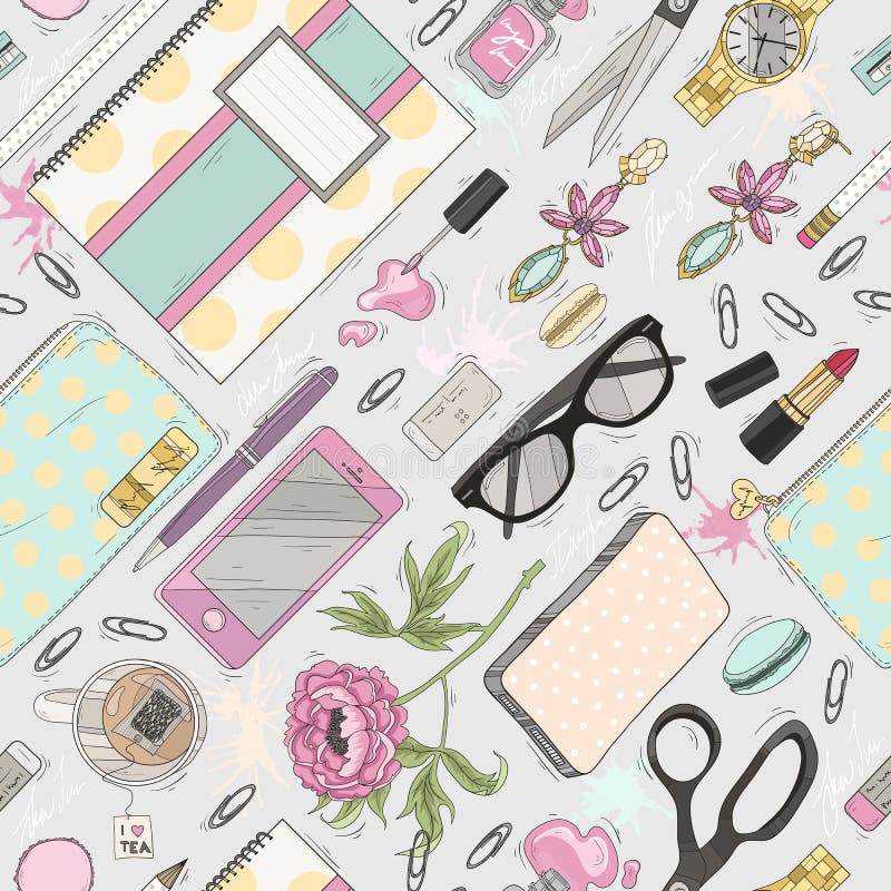 Den sömlösa skönhetmodellen med smink, spikar polermedel, blommor, jewe royaltyfri illustrationer Den sömlösa skönhetmodellen med smink, spikar polermedel, blommor, jewe royaltyfri illustrationer