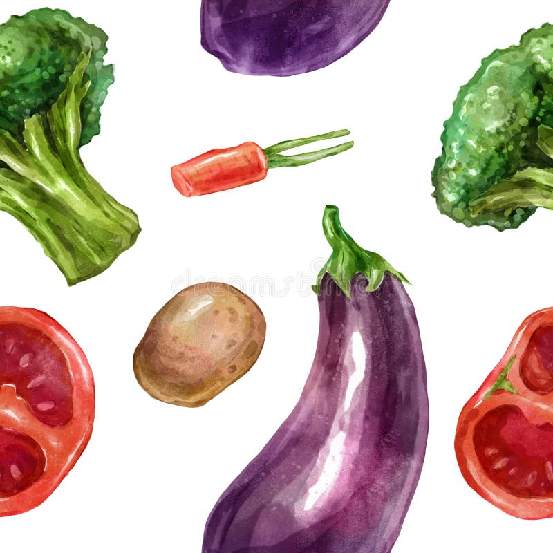 Den sömlösa vattenfärgen, modellgrönsaker ställde in med auberginebroccolitomater stock illustrationer Den sömlösa vattenfärgen, modellgrönsaker ställde in med auberginebroccolitomater stock illustrationer