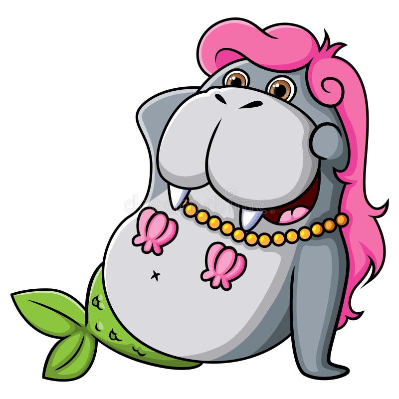 Den söta Mermaid-valrosen bär mermaid-kostym med lång svans stock illustrationer