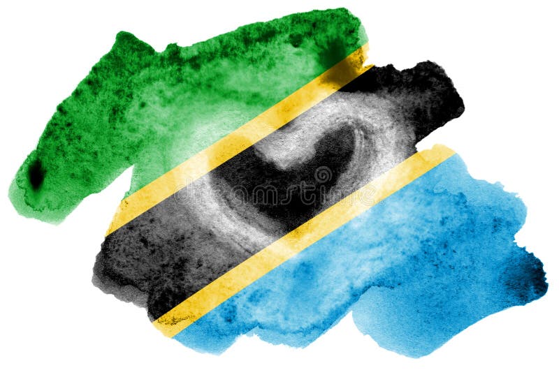 Den Tanzania flaggan visas i vätskevattenfärgstil som isoleras på vit bakgrund royaltyfria foton Den Tanzania flaggan visas i vätskevattenfärgstil som isoleras på vit bakgrund royaltyfria foton