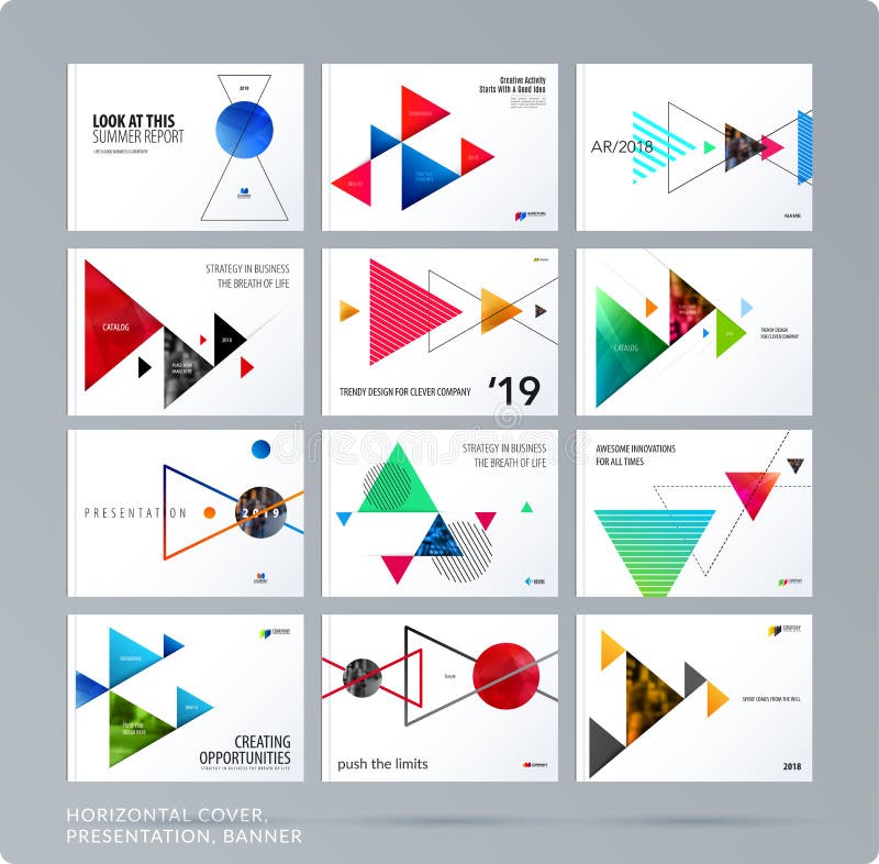 Den triangulära designpresentationsmallen med färgglade trianglar skuggar Abstrakt vektoruppsättning av modernt horisontal stock illustrationer Den triangulära designpresentationsmallen med färgglade trianglar skuggar Abstrakt vektoruppsättning av modernt horisontal stock illustrationer
