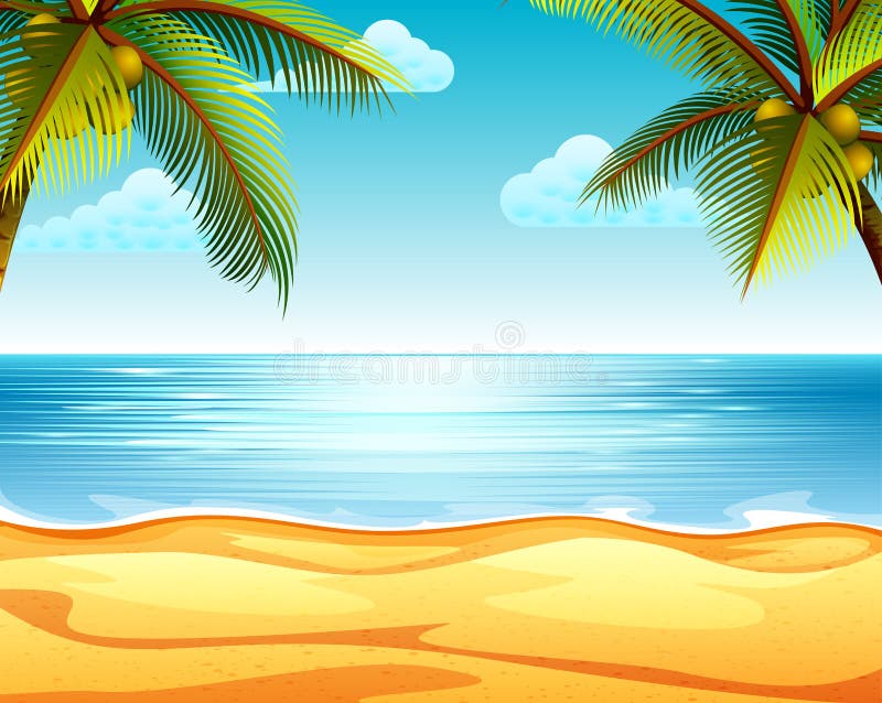 Den tropiska strandsikten med den sandiga stranden och kokospalmen två i båda sidor royaltyfri illustrationer Den tropiska strandsikten med den sandiga stranden och kokospalmen två i båda sidor royaltyfri illustrationer