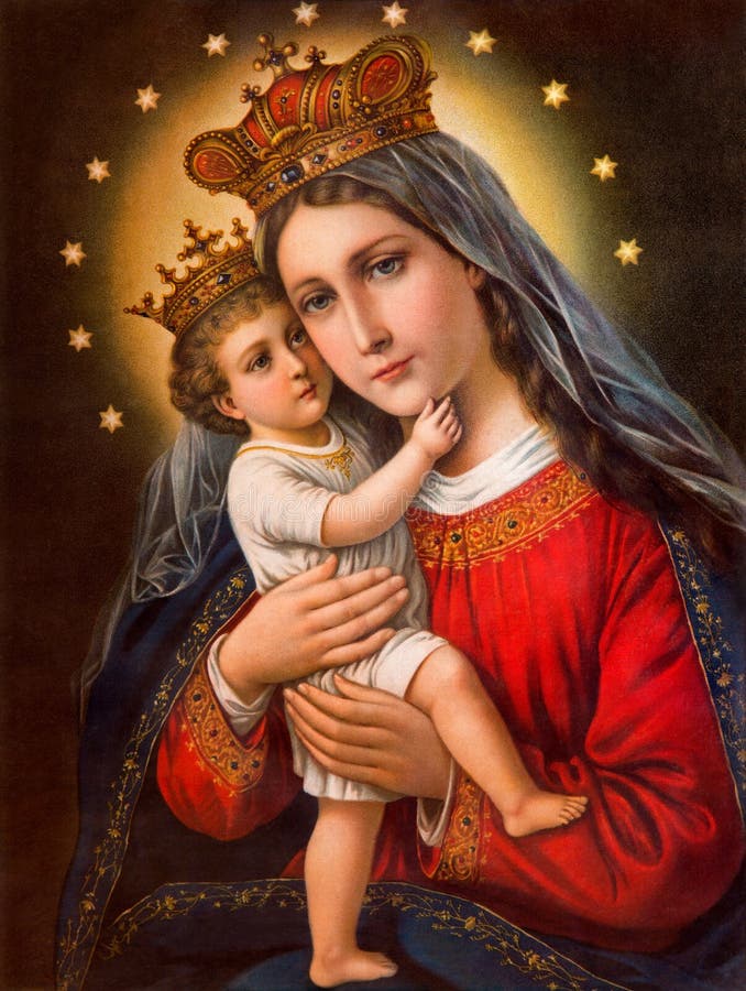 Den typiska katolska bilden av Madonna med barnet skrivev ut i Tyskland från slutet av 19 cent Den typiska katolska bilden av Madonna med barnet skrivev ut i Tyskland från slutet av 19 cent