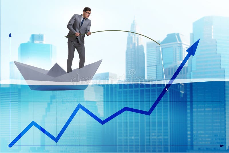Den understödjande ekonomiska tillväxten för affärsman med metspöet stock illustrationer Den understödjande ekonomiska tillväxten för affärsman med metspöet stock illustrationer