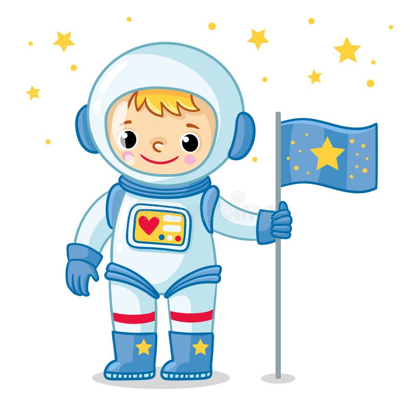 Den unga kosmonautet i en spacesuit står på planeten och rymmer en flagga i hans hand vektor illustrationer Den unga kosmonautet i en spacesuit står på planeten och rymmer en flagga i hans hand vektor illustrationer