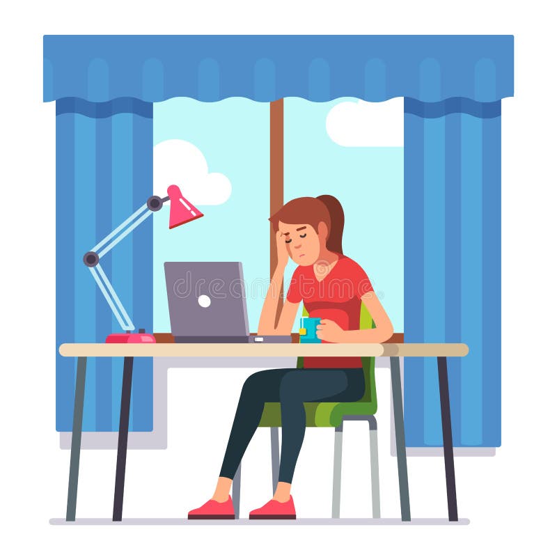 Den unga kvinnan avverkar sovande att arbeta på bärbar datordatoren vektor illustrationer Den unga kvinnan avverkar sovande att arbeta på bärbar datordatoren vektor illustrationer