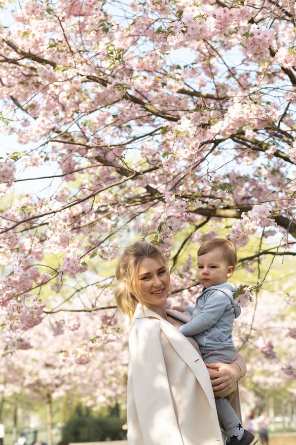 Den unga modermamman som rymmer hennes litet, behandla som ett barn sonpojkebarnet under att blomstra SAKURA Cherry tr?d med fall arkivbilder Den unga modermamman som rymmer hennes litet, behandla som ett barn sonpojkebarnet under att blomstra SAKURA Cherry tr?d med fall arkivbilder