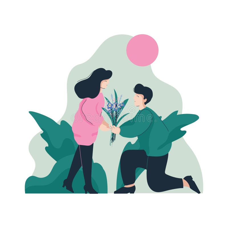 Den uppsökte mannen som ger buketten av blommor till den lyckliga kvinnan, romantiska par som in går, parkerar, lyckliga vänner p vektor illustrationer