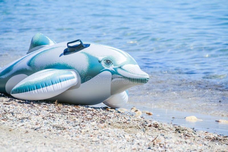 Den utsmyckade delfinleksaken för ungar på stranden, ordnar till för havet Sommarsemestern lurar leksaker Uppblåsbar cirkel som s arkivfoto Den utsmyckade delfinleksaken för ungar på stranden, ordnar till för havet Sommarsemestern lurar leksaker Uppblåsbar cirkel som s arkivfoto