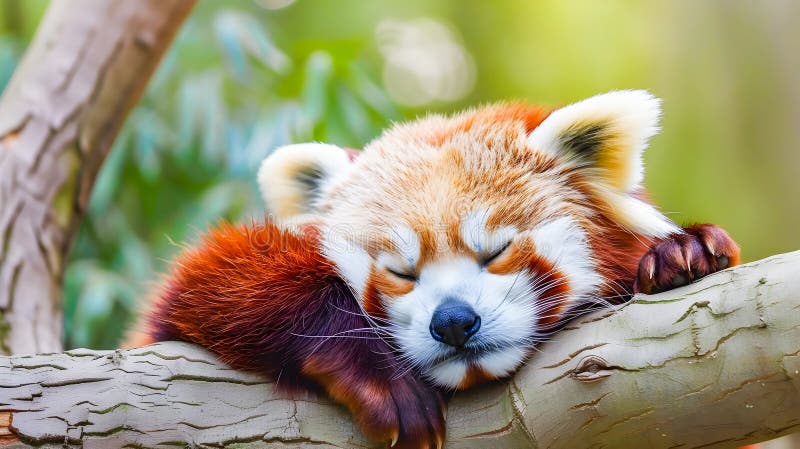 Den vackra, sovande röda panda som har klämts upp på trädgrenen i lush grön skog, rå fluffy, utrotad däggdjursvilo i naturlig stock illustrationer