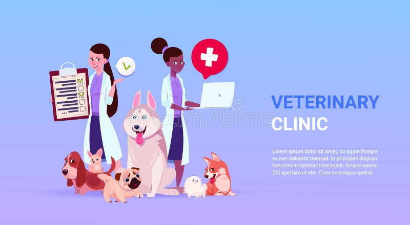 Den veterinär- klinikaffischen med kvinnlign manipulerar Ver och gruppen av hundkapplöpning över mallbakgrund