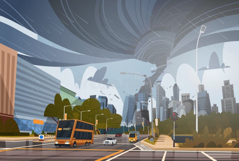 Den virvlande runt tromben i stad förstör begrepp för naturkatastrof för storm för bedragare för skydrag för vind för byggnadsork. Den virvlande runt tromben i stad förstör illustrationen för vektorn för lägenheten för begreppet för naturkatastrofen för stormen för bedragaren för skydraget för vind för byggnadsorkanfara den enorma