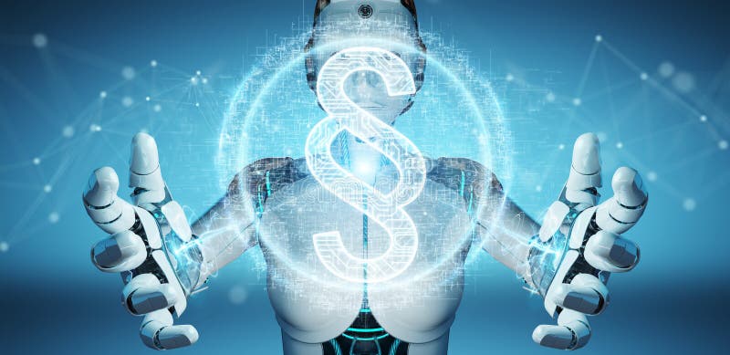 Den vita robotkvinnan som använder det digitala hologrammet 3D för lagavsnittet, framför. Vit robotkvinna på suddig bakgrund genom att använda tolkningen för hologram 3D för lagavsnitt den digitala