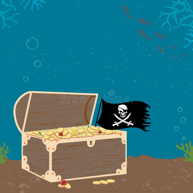 Den Vitage affischen med skatten Cheast och piratkopierar flaggan vektor illustrationer Den Vitage affischen med skatten Cheast och piratkopierar flaggan vektor illustrationer