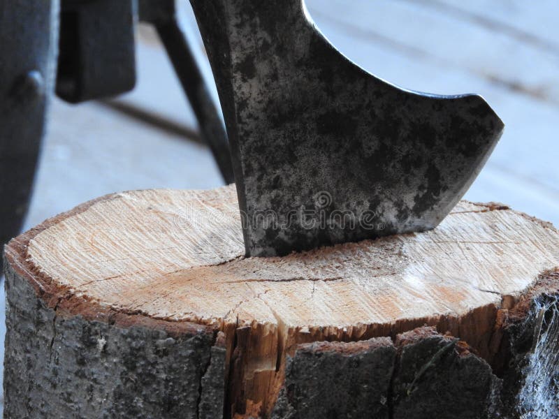 Den Wood avbrytaren klibbar ut i tr?hampa, snickeri, skogsavverkning vid en skarp yxa, yxa f?r att hugga av den rostiga men mycke royaltyfri fotografi Den Wood avbrytaren klibbar ut i tr?hampa, snickeri, skogsavverkning vid en skarp yxa, yxa f?r att hugga av den rostiga men mycke royaltyfri fotografi