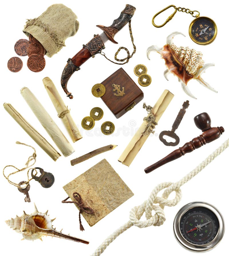 Adventurous set with sea, pirate and detective objects isolated on white. Paper scrolls, dagger, coins, compass, shells and ancient coins. Adventurous set with sea, pirate and detective objects isolated on white. Paper scrolls, dagger, coins, compass, shells and ancient coins.