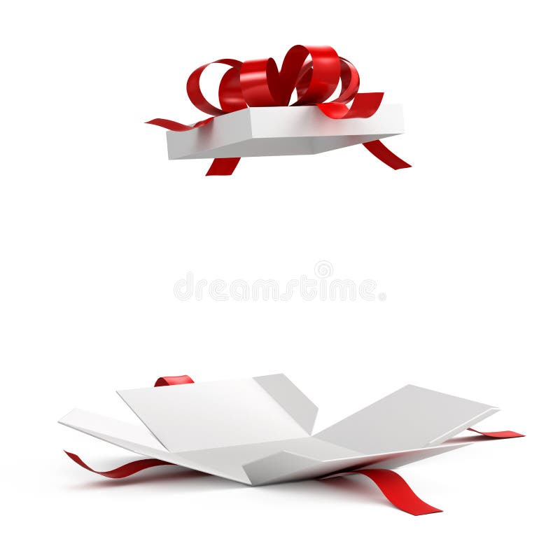 Open gift box with red ribbon on white background. Open gift box with red ribbon on white background