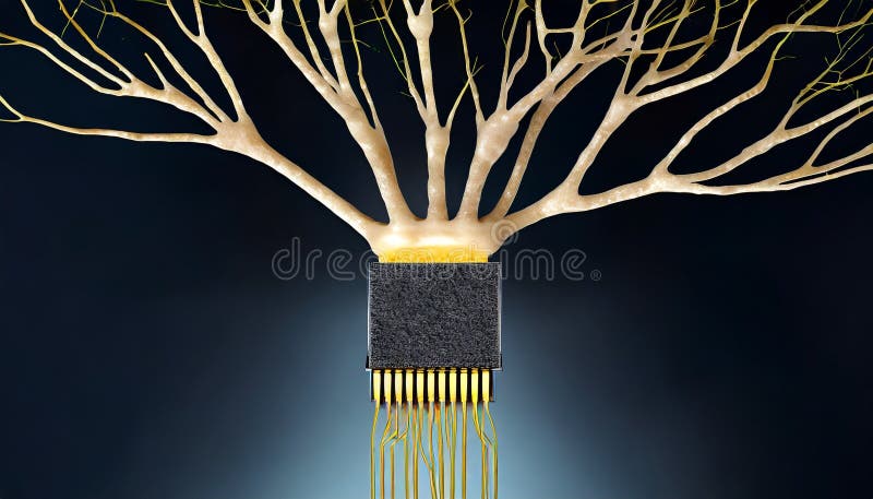 Neurons connected to microchip. Neuromorphic computing. Generative AI image. stock illustration