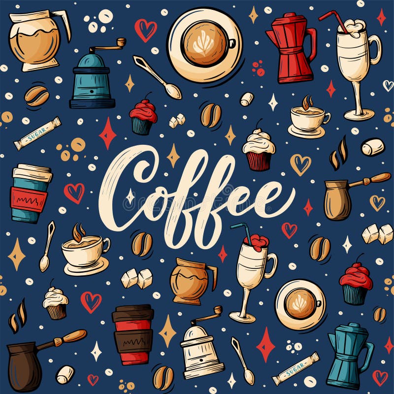 Dendrog tecknade filmen klottrar på ämnet av kafét, sömlös modell för coffee shoptema Färgrikt detaljerat, med massor av objektve stock illustrationer Dendrog tecknade filmen klottrar på ämnet av kafét, sömlös modell för coffee shoptema Färgrikt detaljerat, med massor av objektve stock illustrationer