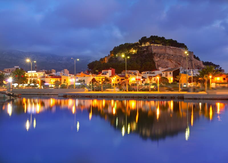 Denia port sunset in marina at Alicante Spain