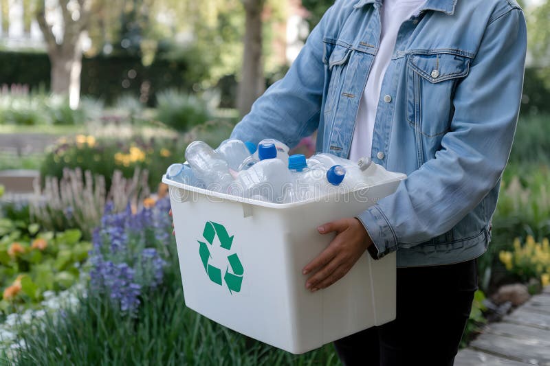 Denim clad osoba przechowuje recykling plastikowych butelek pojemnika tło sugeruje świadomość ekologiczną ilustracji