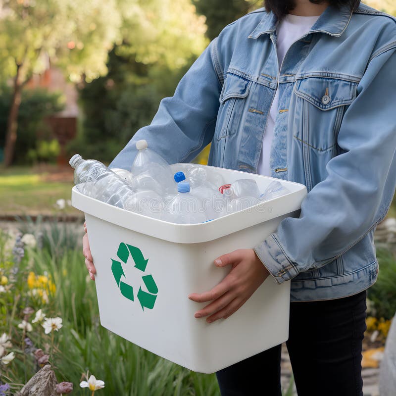 Denim clad osoba przechowuje recykling plastikowych butelek pojemnika tło sugeruje świadomość ekologiczną royalty ilustracja