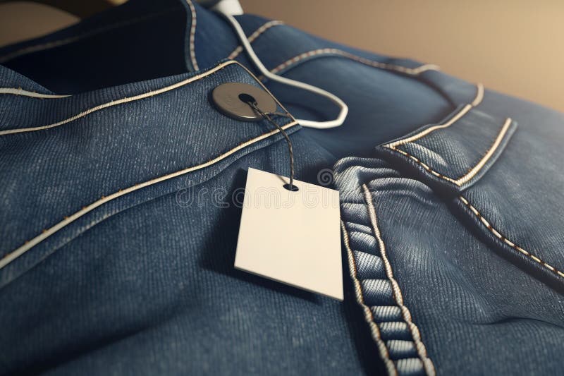 Denim Clothing Fabric Closeup with Cardboard Price Tag Mockup. AI Generated. Stock Illustration