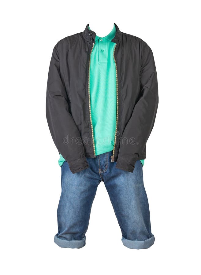 Denim dark blue shorts,light green t-shirt with collar on buttons and black jacket on a zipper isolated on white background. Denim dark blue shorts,light green t-shirt with collar on buttons and black jacket on a zipper isolated on white background
