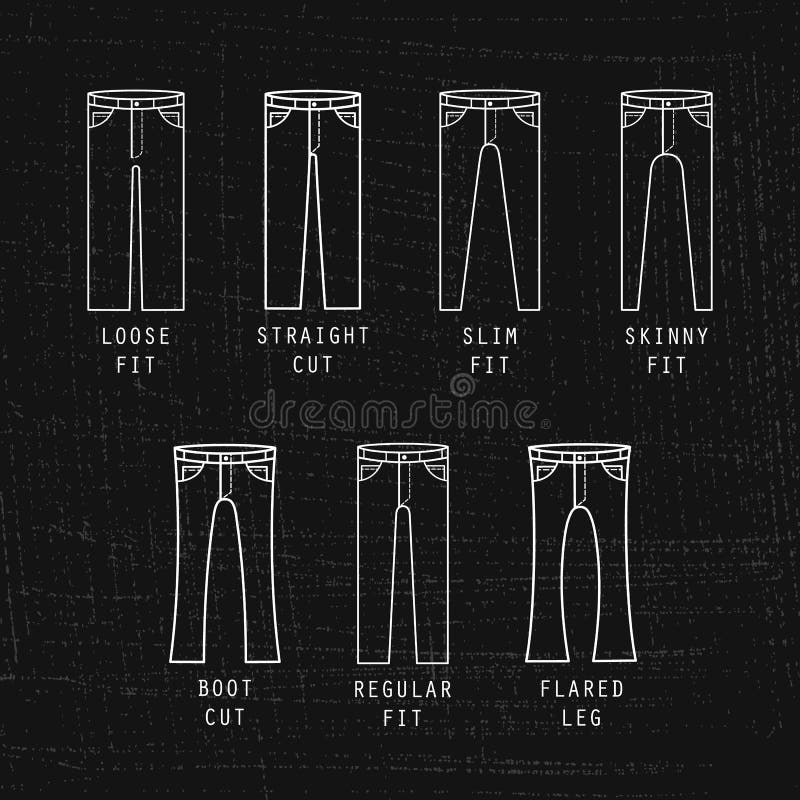 Mens Jeans Style Guide Jean Pants Different Fit Simple Silhouette Icons ...