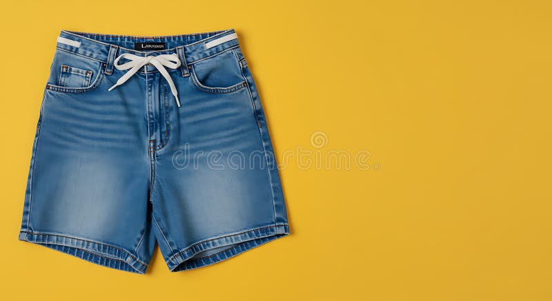 Denim Shorts με σχεδίαση συμβολοσειράς σε κίτρινο φόντο για μόδα ελεύθερη απεικόνιση δικαιώματος