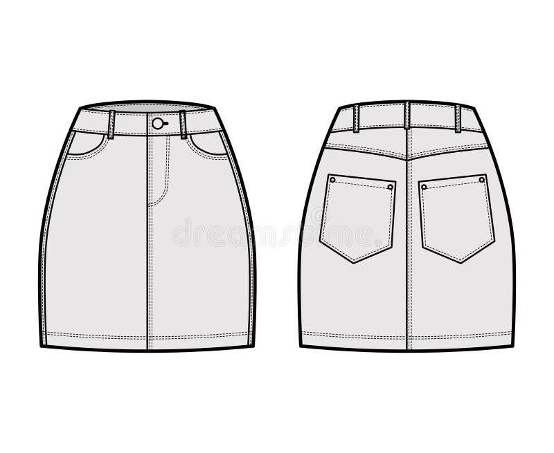 Denim Skirt Technical Fashion Illustration with Mini Length, Normal ...