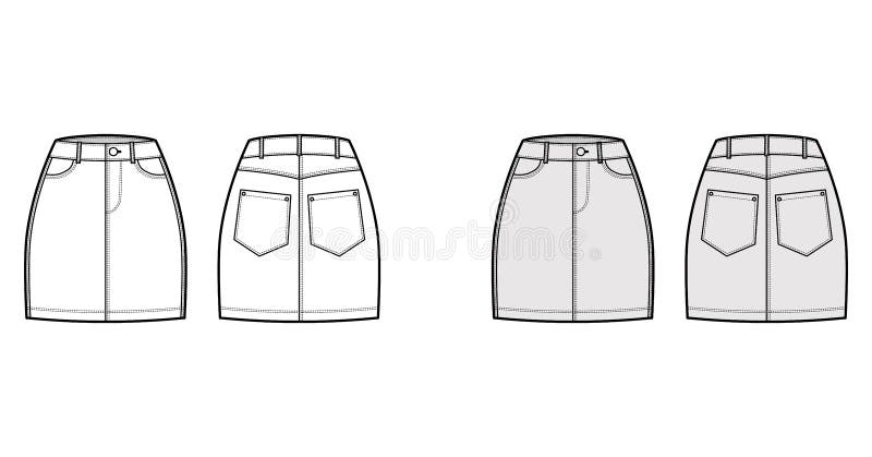 Denim Skirt Technical Fashion Illustration with Mini Length, Low Waist ...