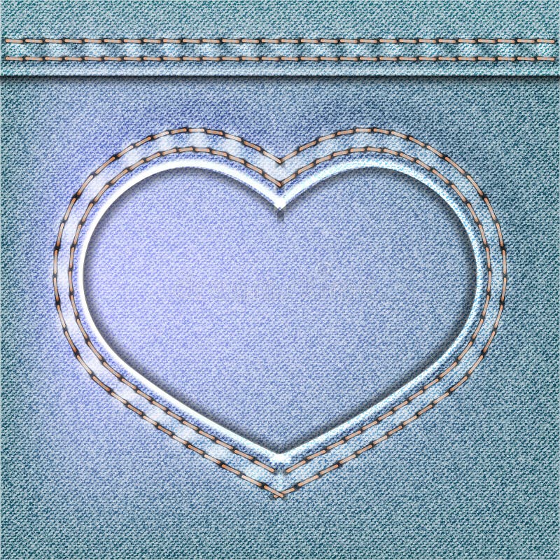 Denim Heart Sewn On Jeans Backdrop. Valentines Day Background. Stock