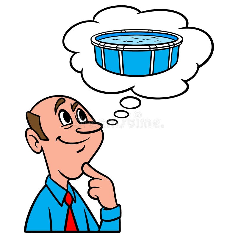 A cartoon illustration of a man thinking about buying an Above Ground Pool. A cartoon illustration of a man thinking about buying an Above Ground Pool.