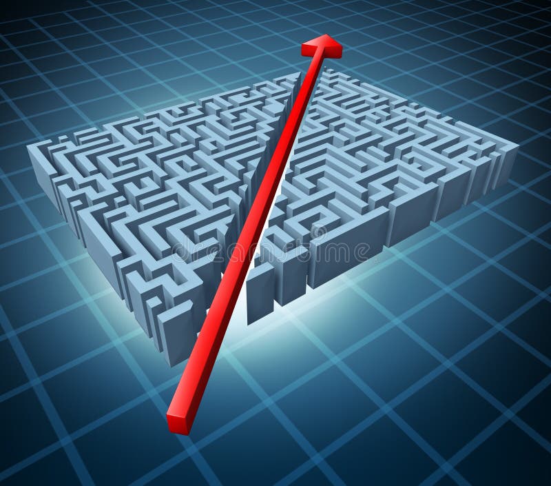 Thinking outside the box represented by a red arrow cutting through a complicated maze as a shortcut solving a problem with an innovative simple solution and strategy. Thinking outside the box represented by a red arrow cutting through a complicated maze as a shortcut solving a problem with an innovative simple solution and strategy.