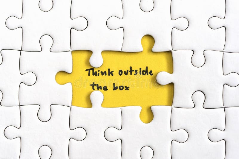 Jigsaw puzzle piece with two missing and hand writing letters word think outside the box, Quotes business concept. Jigsaw puzzle piece with two missing and hand writing letters word think outside the box, Quotes business concept