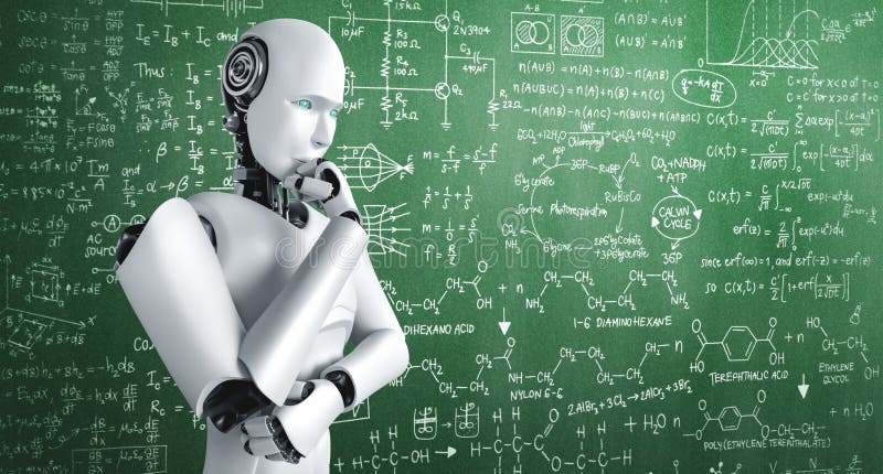 Thinking AI humanoid robot analyzing screen of mathematics formula and science equation by using artificial intelligence and machine learning process for the 4th industrial revolution. 3D illustration. Thinking AI humanoid robot analyzing screen of mathematics formula and science equation by using artificial intelligence and machine learning process for the 4th industrial revolution. 3D illustration