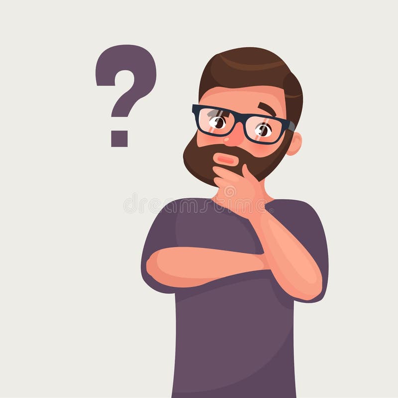 Denkender Mann mit Fragezeichen Vektorillustration in der Karikaturart lizenzfreie abbildung